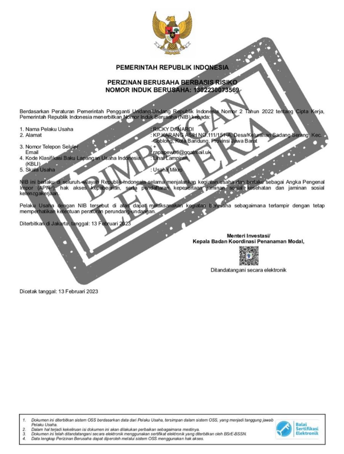 Dokumen Perizinan Berusaha Berbasis Risiko Nomor Induk Berusaha